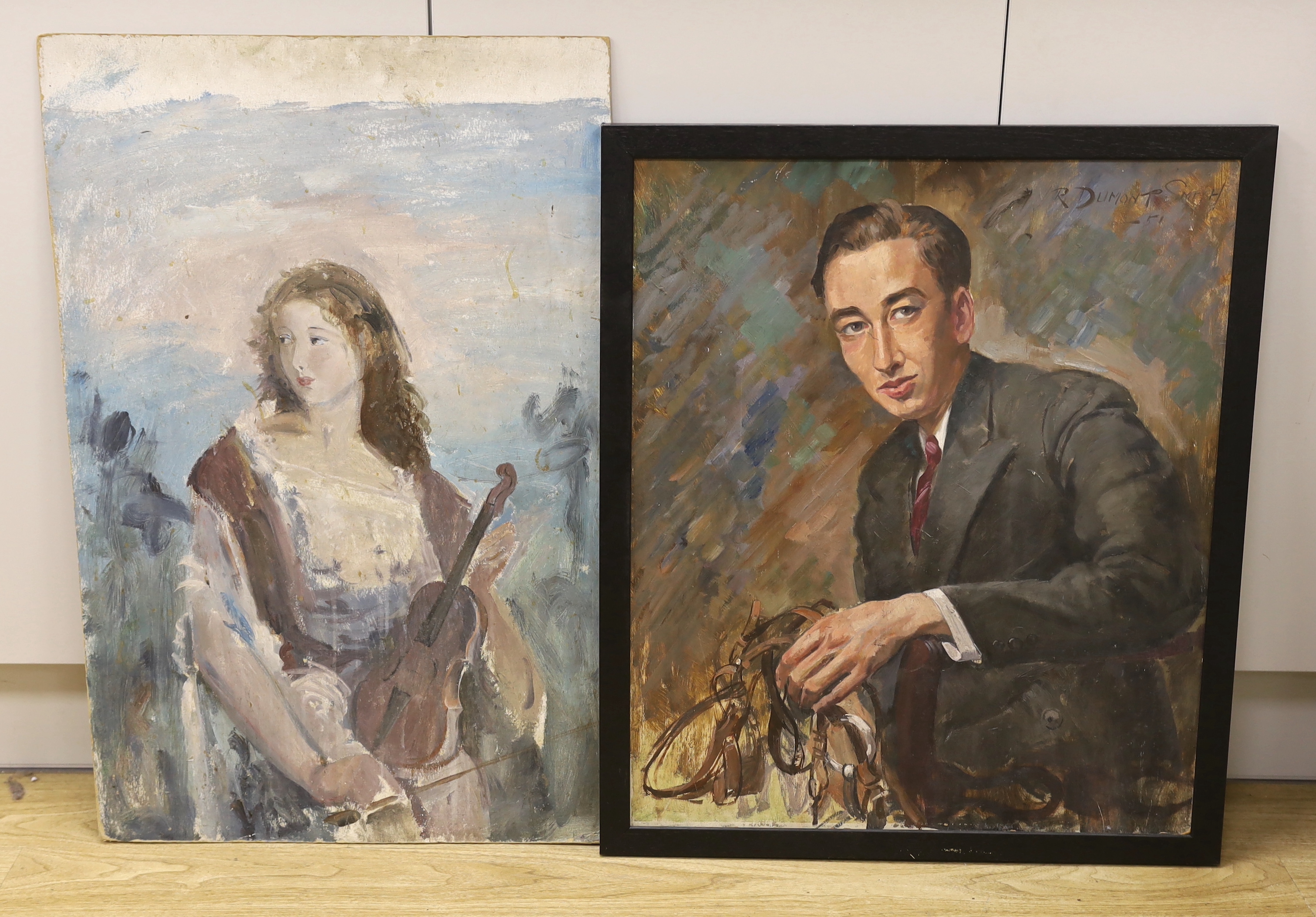 Robert Dumont-Smith (1908-1994), oil on board, Study of a gentleman, signed and dated '51, together with another unsigned oil on board, Portrait of a lady holding a violin, largest 75 x 50cm, unframed